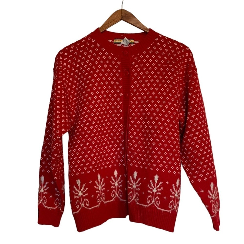 VTG Bryn Connelly Festive Lambswool Blend Norwegian Style Cardigan Sweater Red S